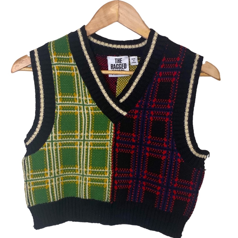 Ragged Priest Mixed Print Plaid  School Girl Cropped Sweater Vest